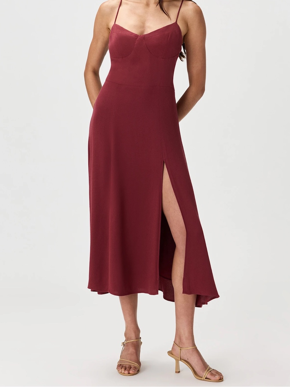 NWT Quince Lightweight Crepe Sweetheart Midi Dress, Maroon